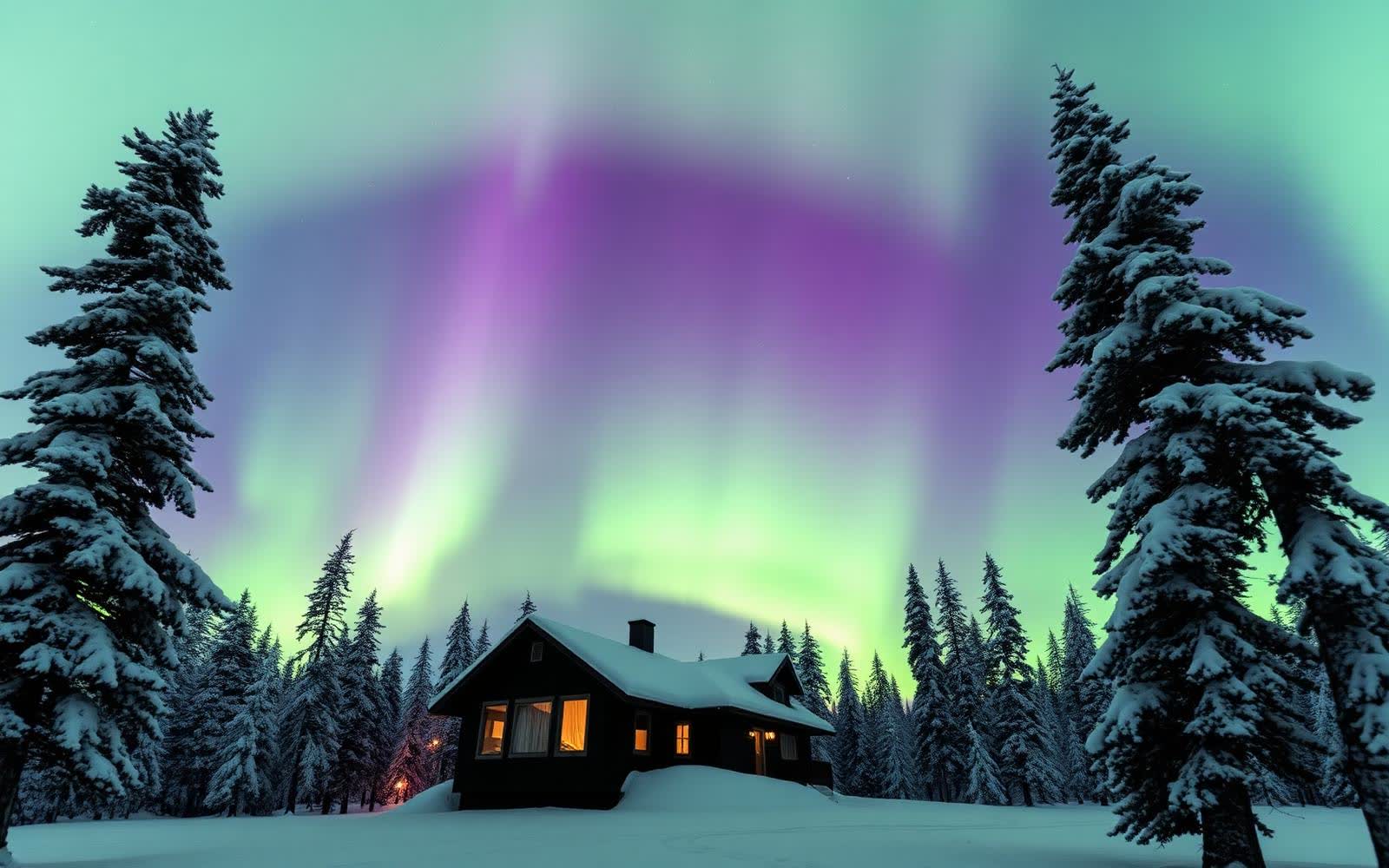 Green aurora borealis over snow-covered spruce forest near Churchill, Manitoba
