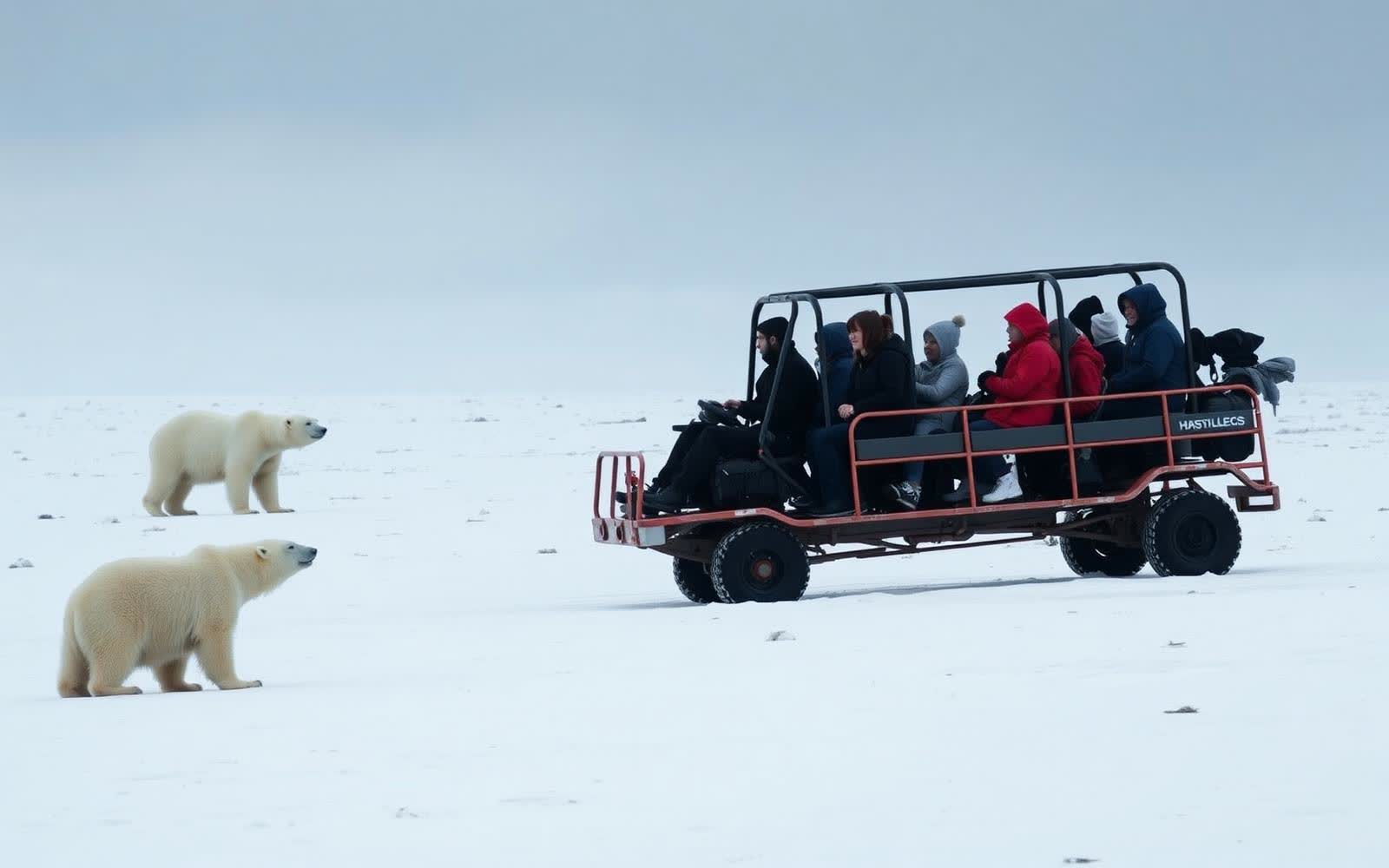 Travelers watching polar bears from a Polar Rover on the tundra