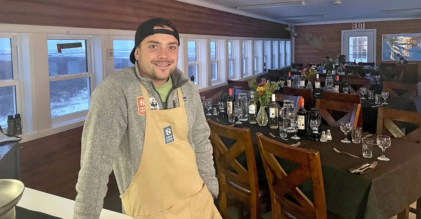 Tundra Lodge dining car set for dinner with our chef, Churchill