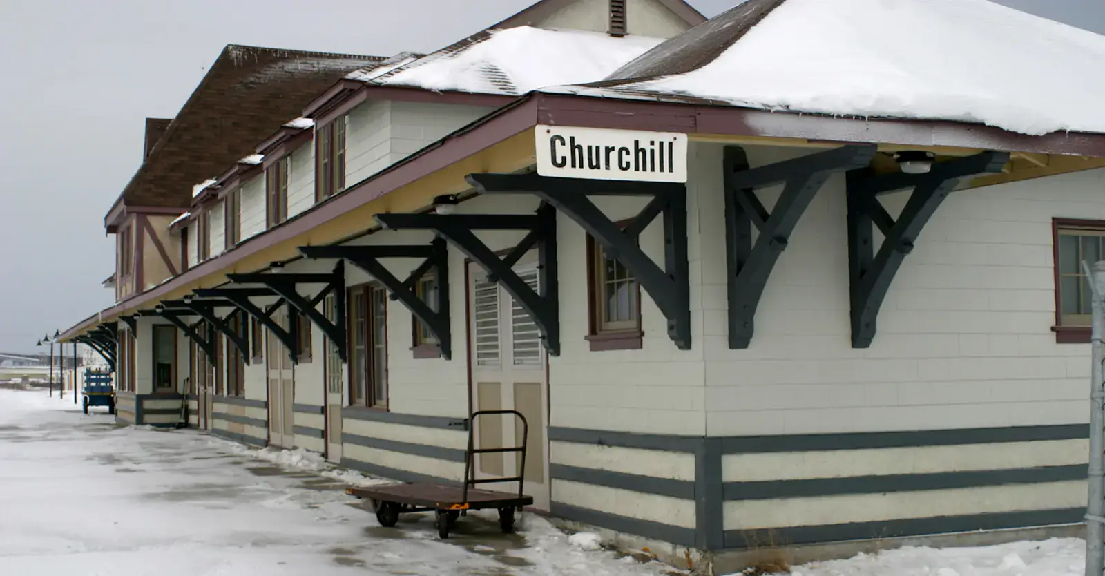 Churchill's historic train station in winter, Manitoba