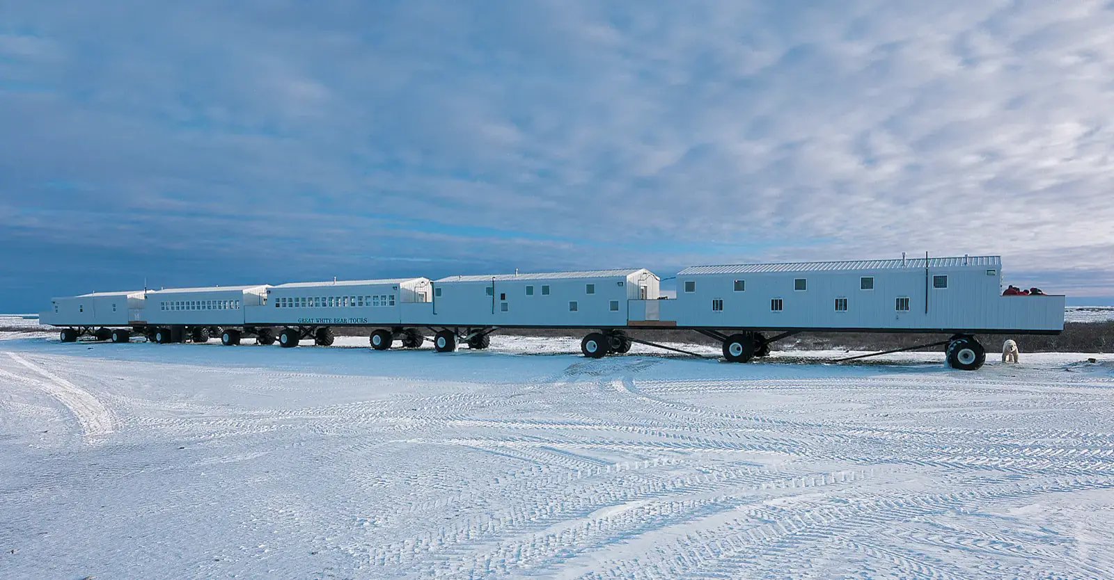 The private Tundra Lodge parked on the snowy tundra, Churchill